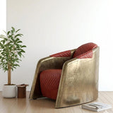 Aviator Brass Finish Spitfire Armchair - red diamond quilted leather with riveted brass exterior