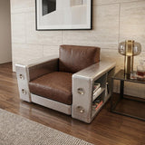 Aviator Industrial Aluminum Armchair with built-in bookcase - brown leather with riveted metal frame